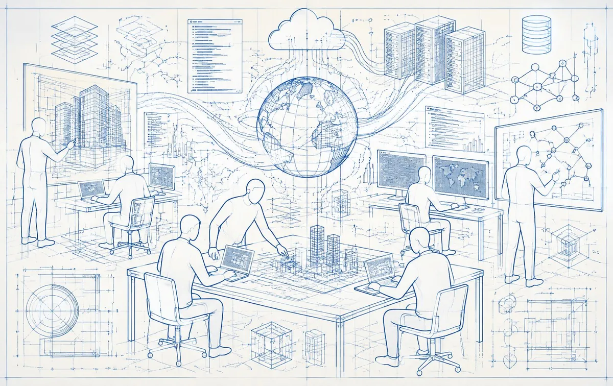 Blueprint sketch: faceless developers collaborating, connected by data streams, code and network nodes