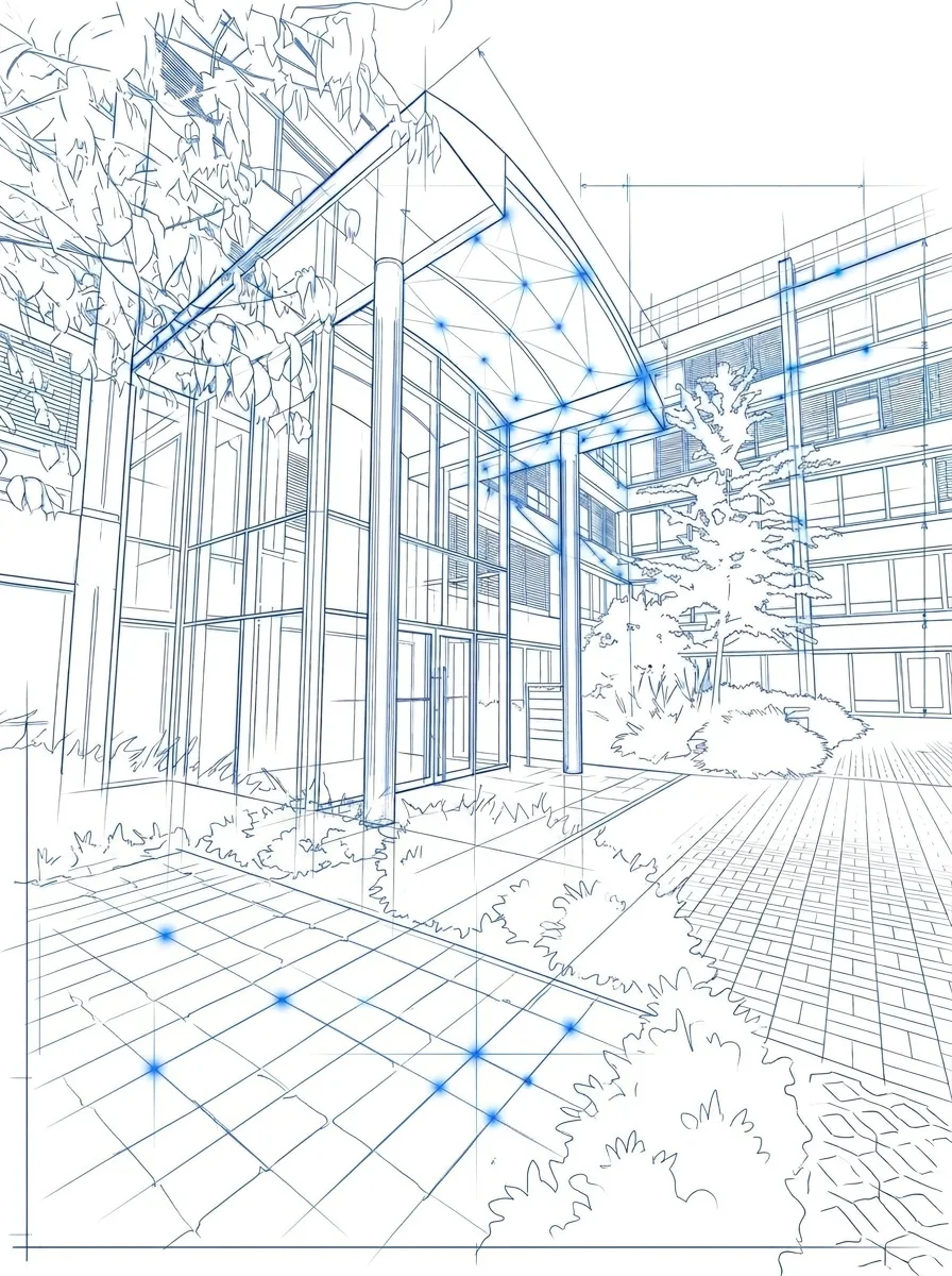 Architectural drawing of the Zero-Point Computer GmbH building at Prinzenallee 1 in Düsseldorf
